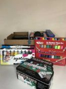 Two boxes of car radio, DVDs, poker set, printer, lap top,