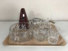 A tray of Wedgwood crystal preserve pot, Brierly rose bowl, Webb crystal tumblers,