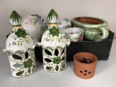 Three boxes of china, footstools, vases, planters,