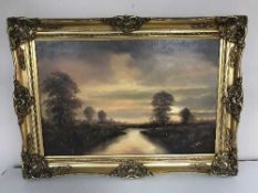 A gilt framed oil on canvas : Sunset