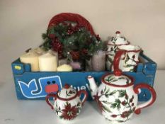 Two boxes of picture frames, candles, Christmas wreath,