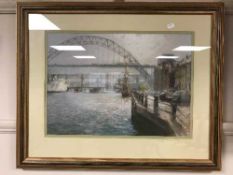 Walter Holmes : Newcastle Quayside, colour chalks, signed.