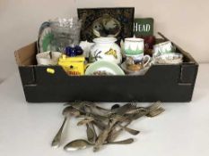 A box of vintage tin, table linen, plated cutlery, Port Merion vase,