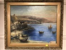 Early twentieth century school : Fishermen by a shore, oil on canvas, bearing monogram lower left,