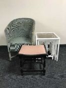 A green loom basket chair,