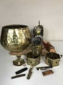 A tray of telescope in leather pouch, vintage blow torch, pen knives, lighters,