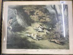 Set of six hand coloured etchings depicting hunting scenes