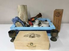 Two boxes of assorted pottery, wine crates, glassware,