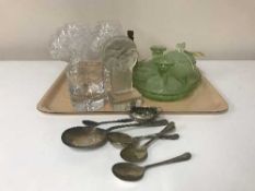 Tray of plated cutlery, two glass trinket sets,