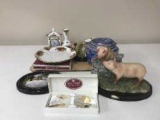 A tray containing Royal Albert Old Country Roses mantel clock, vase, dish, coasters etc,