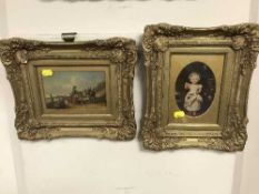 Two gilt framed pictures decpicting a child and people by a donkey (2)