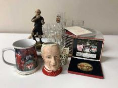 A tray of assorted China related to Liverpool FC including commemorative plates, character jug,