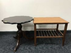 A teak lamp table and a shaped pedestal table