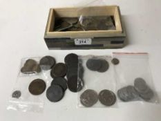 A box of a collection of coins, Georgian pennies,