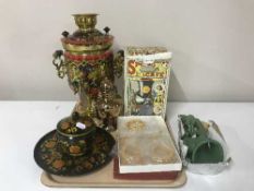 A tray containing a boxed Russian samovar, boxed Spong coffee maker,