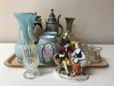 A tray containing antique hand painted glass vases, pair of brass vases, pair of brass vases,