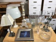 A gilt framed acrylic on board, Dragonfly by Anne Collier, a wooden candle stick ,