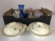 A box of assorted glass ware, two Royal Doulton The Coppice tureens,