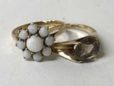 A 9ct gold opal cluster ring and 9ct gold quartz ring, 5.