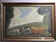 A gilt framed oil on canvas - figure on a horse drawn carriage