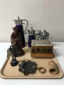 A tray of walnut and mother of pearl cigarette box, carved hardwood oriental figure,