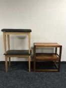 A pair of teak side tables and a pair of piano stools