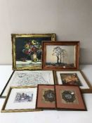 A framed tapestry panel - Tribal figures in boat, together with a gilt framed oil on panel,