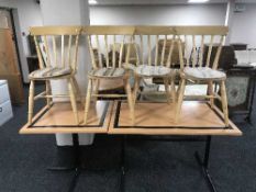 Two pedestal cafe tables and four dining chairs