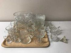 Two trays of glass ware, drinking glasses, vases,