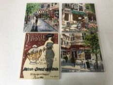 Six wall mounted ceramic panels depicting Parisian street scenes etc