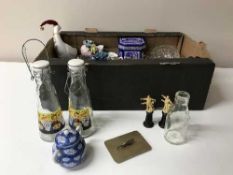 Two boxes containing assorted china, Rington's tins,