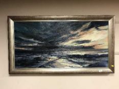 Clare Money : sunset at sea, oil on board, framed.