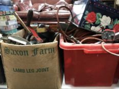 A metal tool box of spanners, three boxes of hand tools,