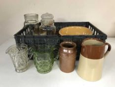 Two boxes of antique glass ware, pottery jugs, sweet jars,