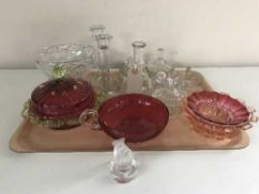 A tray of glass ware - cranberry, candlesticks,