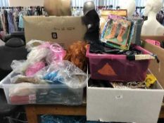 Six boxes of sun glasses, gents shoes, box of wigs,