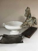 A large pottery twin handled bowl together with a pewter twin handled shallow bowl and a pottery