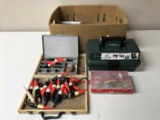 A box of assorted fishing floats, nylon, tackle box,
