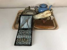 A tray of gilt photo frames, horn cased cutlery,