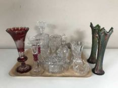 A tray of ruby glass vase, carnival glass vases, rose bowl,