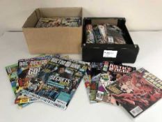 Two boxes of DC comics and Dr Who magazines