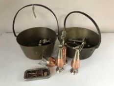 Two brass jam pans, copper twin handled pan, plated ware, brass bells,