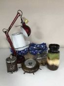 A tray of enamelled jug and basin, angle poise lamp, desk stand, pipe,