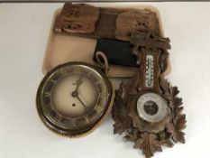 A tray of drawing instruments, carved oak barometer, book slide,