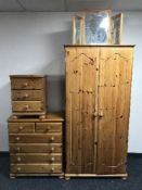 A pine double wardrobe, six drawer chest,