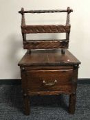 A pine side table and a rustic pine mag rack