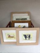 A box containing twelve assorted contemporary framed pictures, farmyard animals,