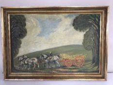 A gilt framed oil on canvas - figure on a horse drawn carriage
