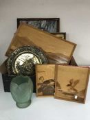 A box of framed tapestries, wooden panel, glass,