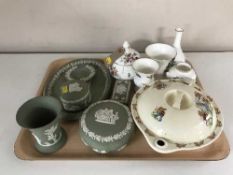 A tray of six pieces of Wedgwood jasper ware, Royal Doulton bowl,